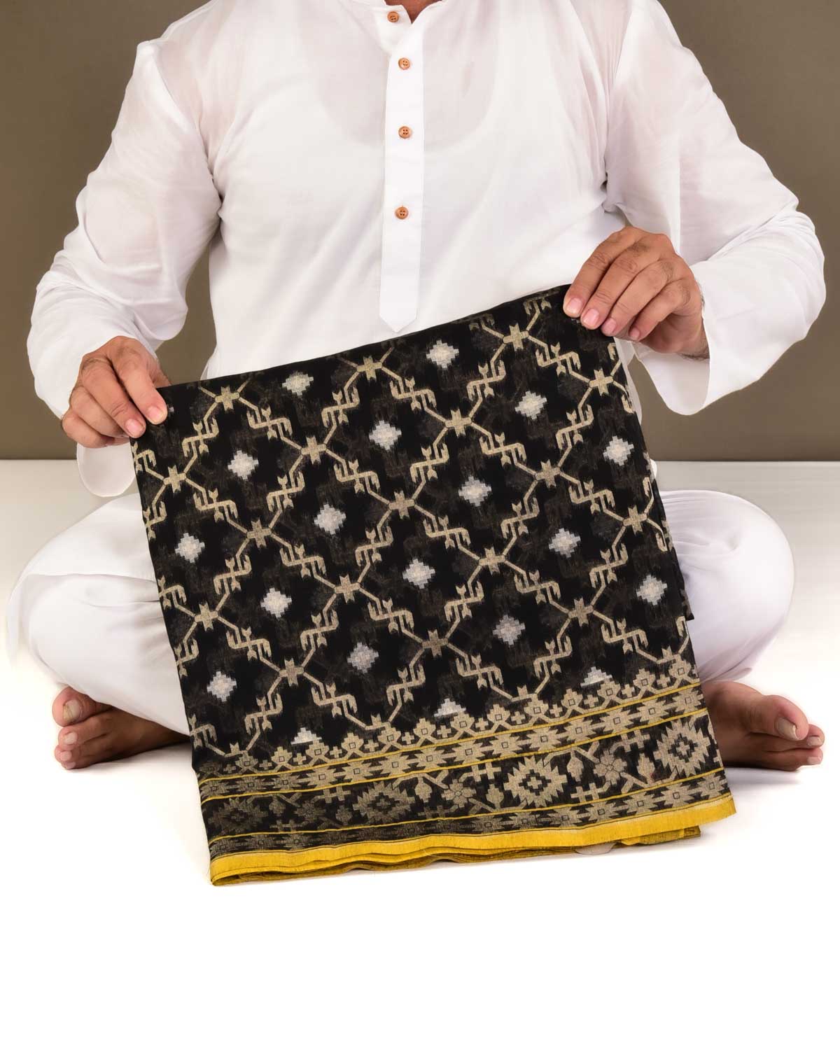 Black Banarasi Gold & Silver Zari Jangla Cutwork Brocade Handwoven Handloom Cotton Saree-HolyWeaves