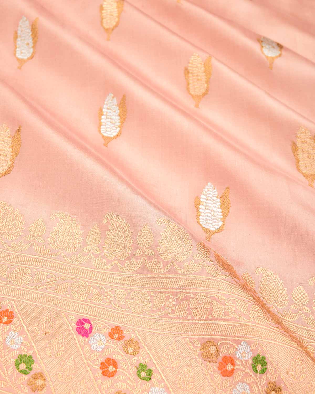 Peach Banarasi Gold Silver & Antique Zari Maize Buta Cutwork Brocade Handwoven Katan Silk Saree-HolyWeaves
