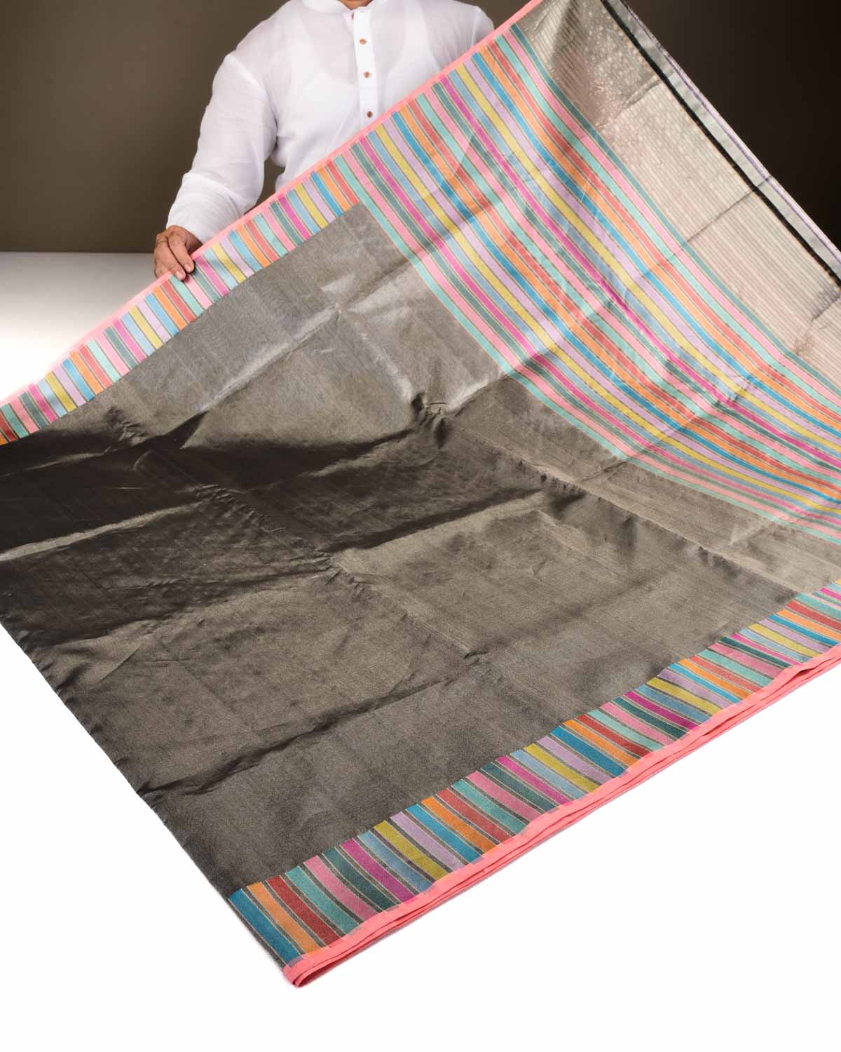 Metallic Gray Banarasi Multi-Color Exotic Piano Stripes Kadhuan Brocade Handwoven Kora Tissue Saree-HolyWeaves