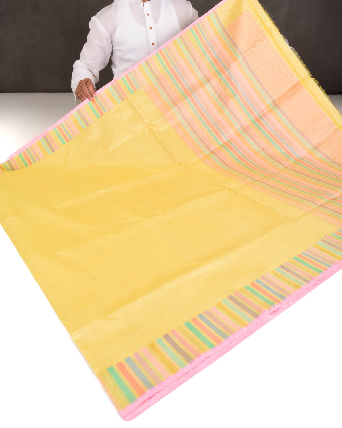 Metallic Yellow Banarasi Multi-Color Exotic Piano Stripes Kadhuan Brocade Handwoven Kora Tissue Saree-HolyWeaves