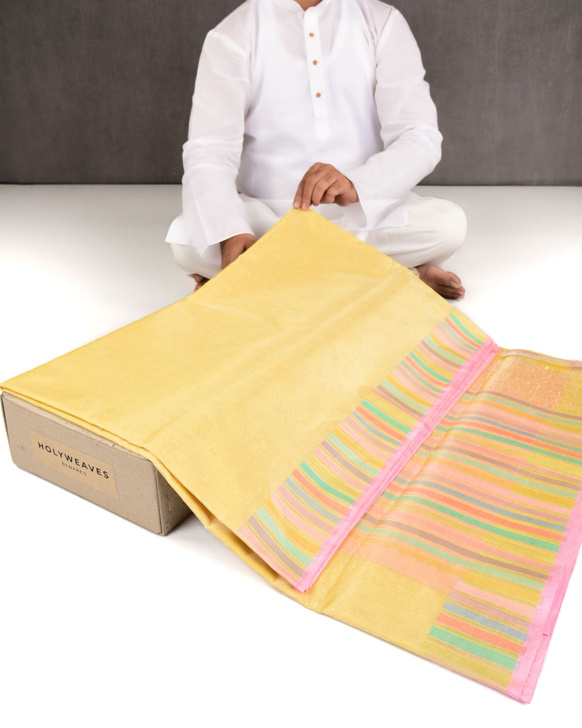 Metallic Yellow Banarasi Multi-Color Exotic Piano Stripes Kadhuan Brocade Handwoven Kora Tissue Saree-HolyWeaves