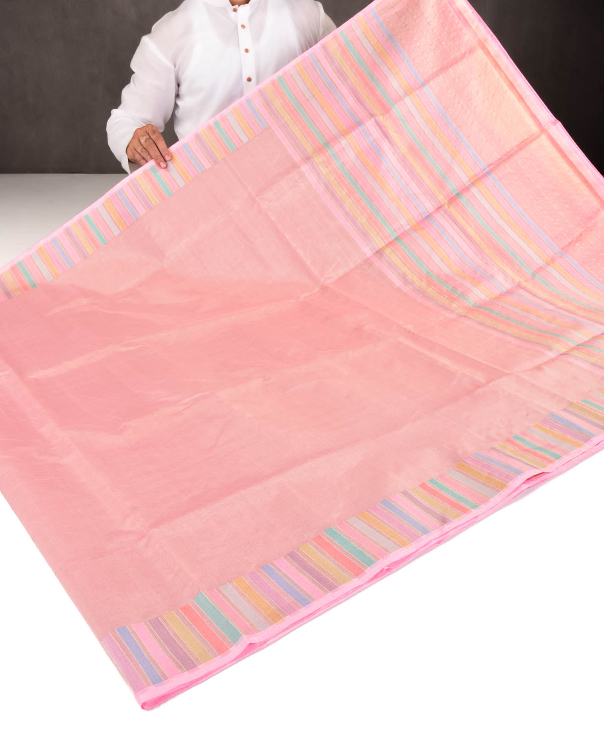 Metallic Pink Banarasi Multi-Color Exotic Piano Stripes Kadhuan Brocade Handwoven Kora Tissue Saree-HolyWeaves