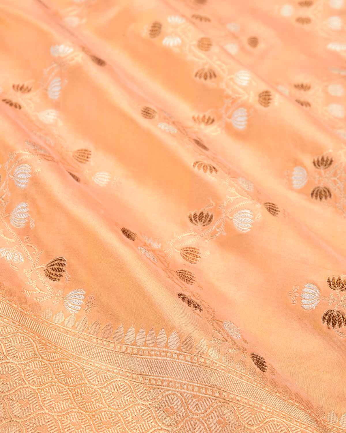 Sunny Peach Banarasi Gold Silver & Antique Zari Kamal Jaal Cutwork Brocade Handwoven Katan Silk Saree-HolyWeaves