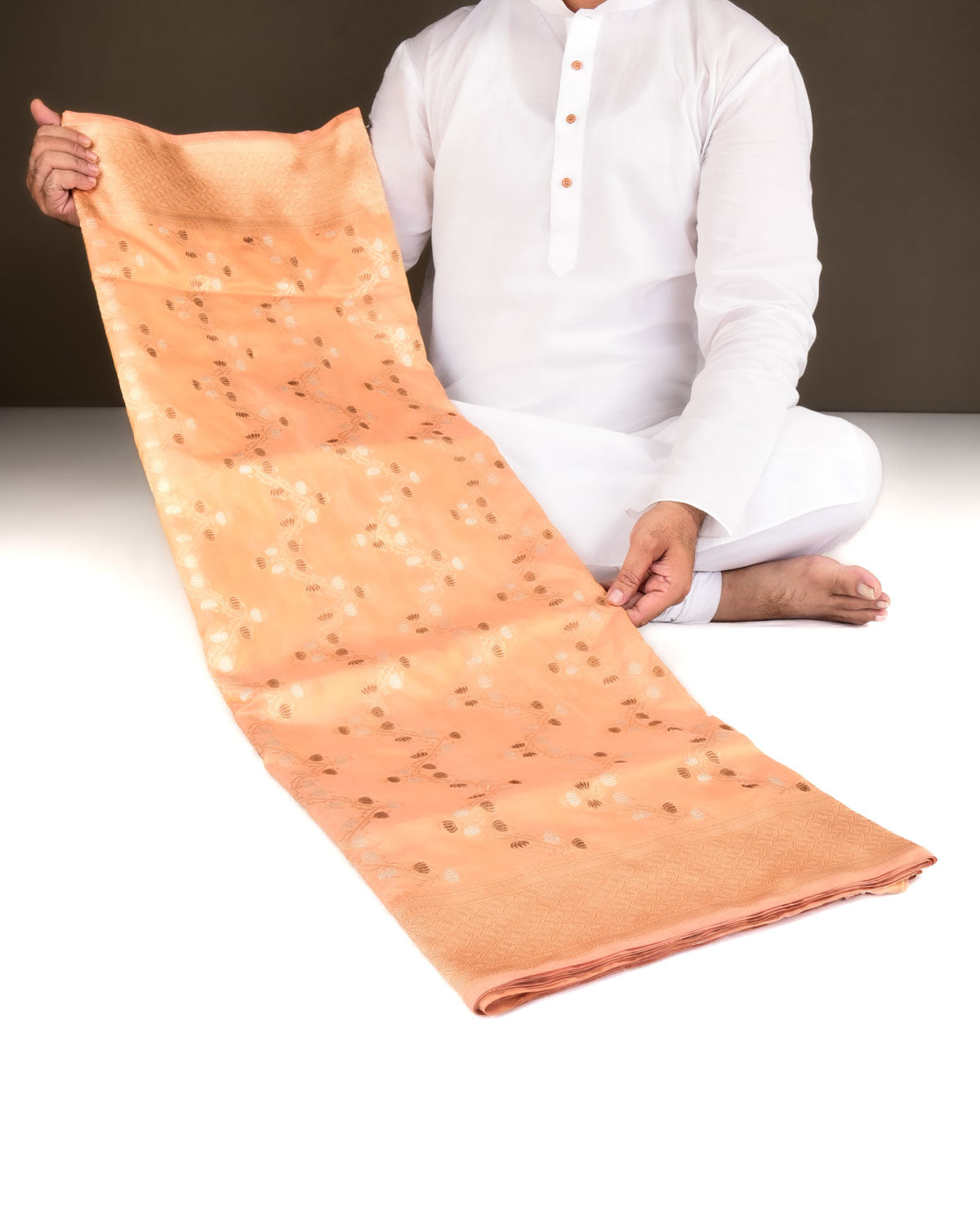 Sunny Peach Banarasi Gold Silver & Antique Zari Kamal Jaal Cutwork Brocade Handwoven Katan Silk Saree-HolyWeaves