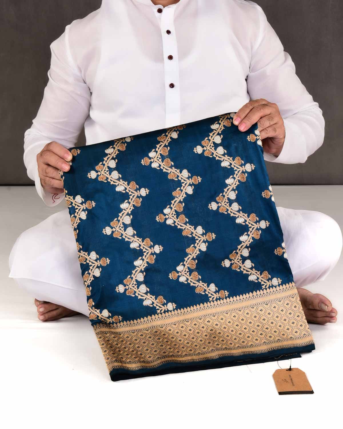 Teal Blue Banarasi Gold Silver & Antique Zari Kamal Jaal Cutwork Brocade Handwoven Katan Silk Saree-HolyWeaves