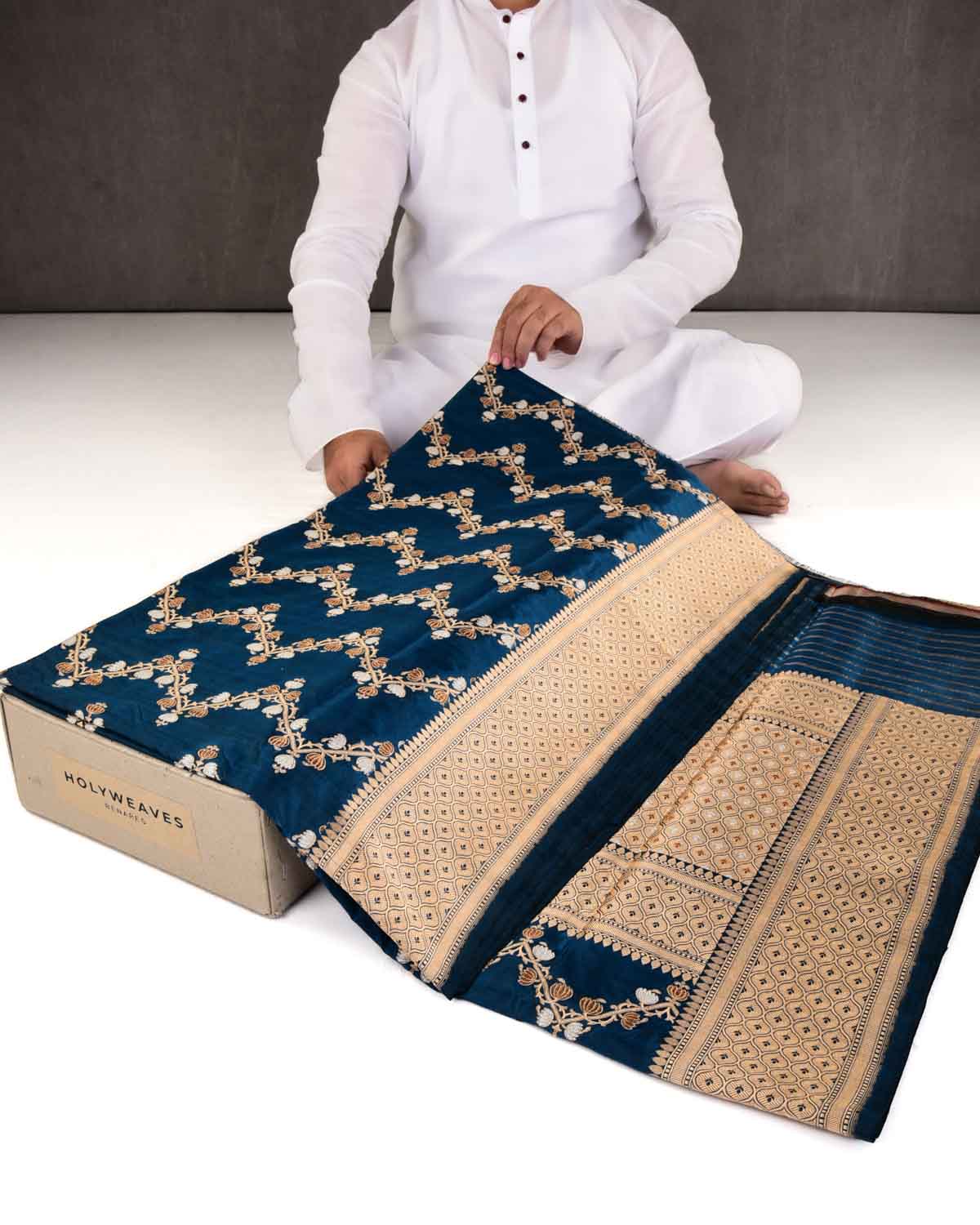 Teal Blue Banarasi Gold Silver & Antique Zari Kamal Jaal Cutwork Brocade Handwoven Katan Silk Saree-HolyWeaves