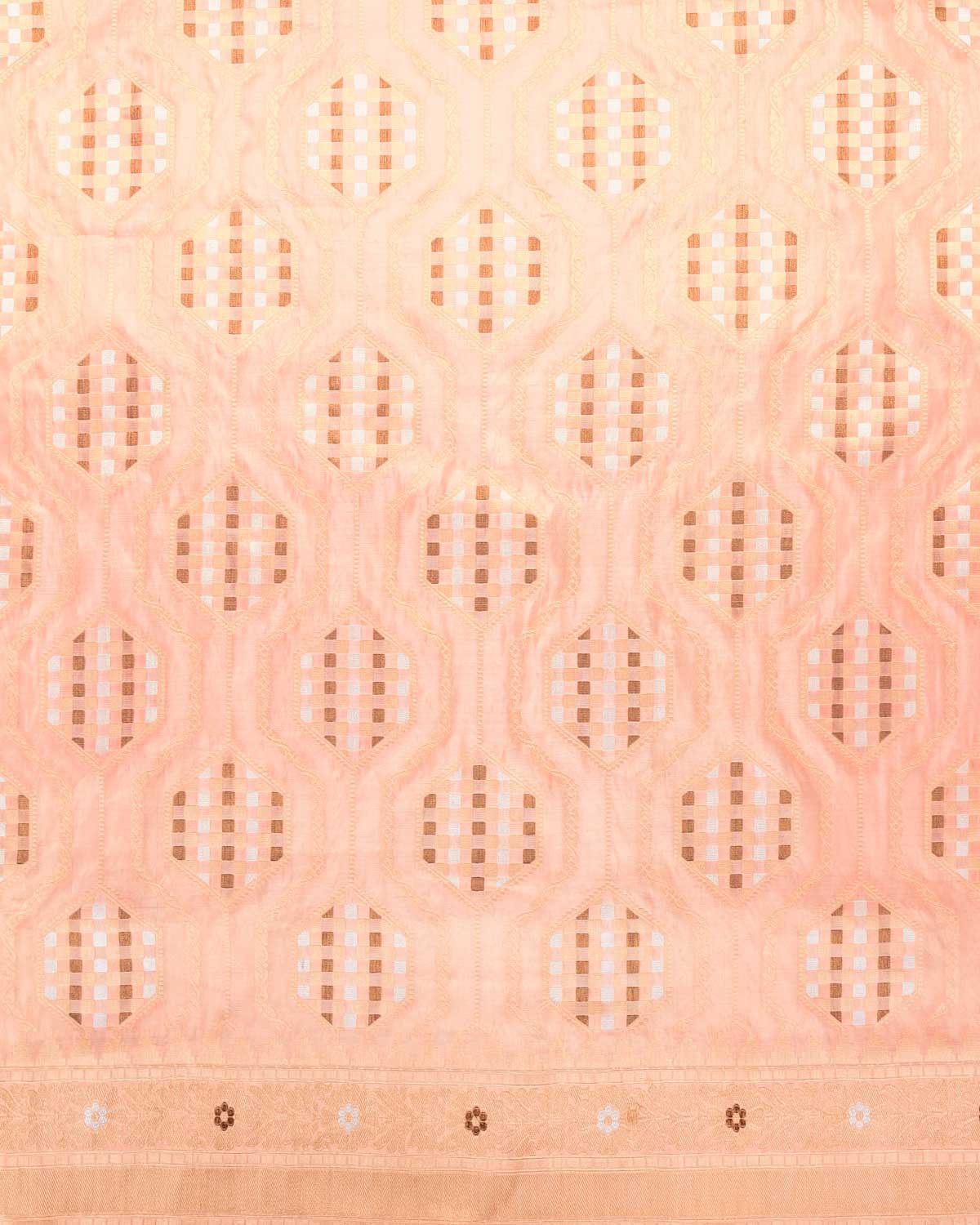 Metallic Peach Banarasi Gold Silver & Antique Zari Geometric Grids Cutwork Brocade Handwoven Katan Tissue Saree-HolyWeaves