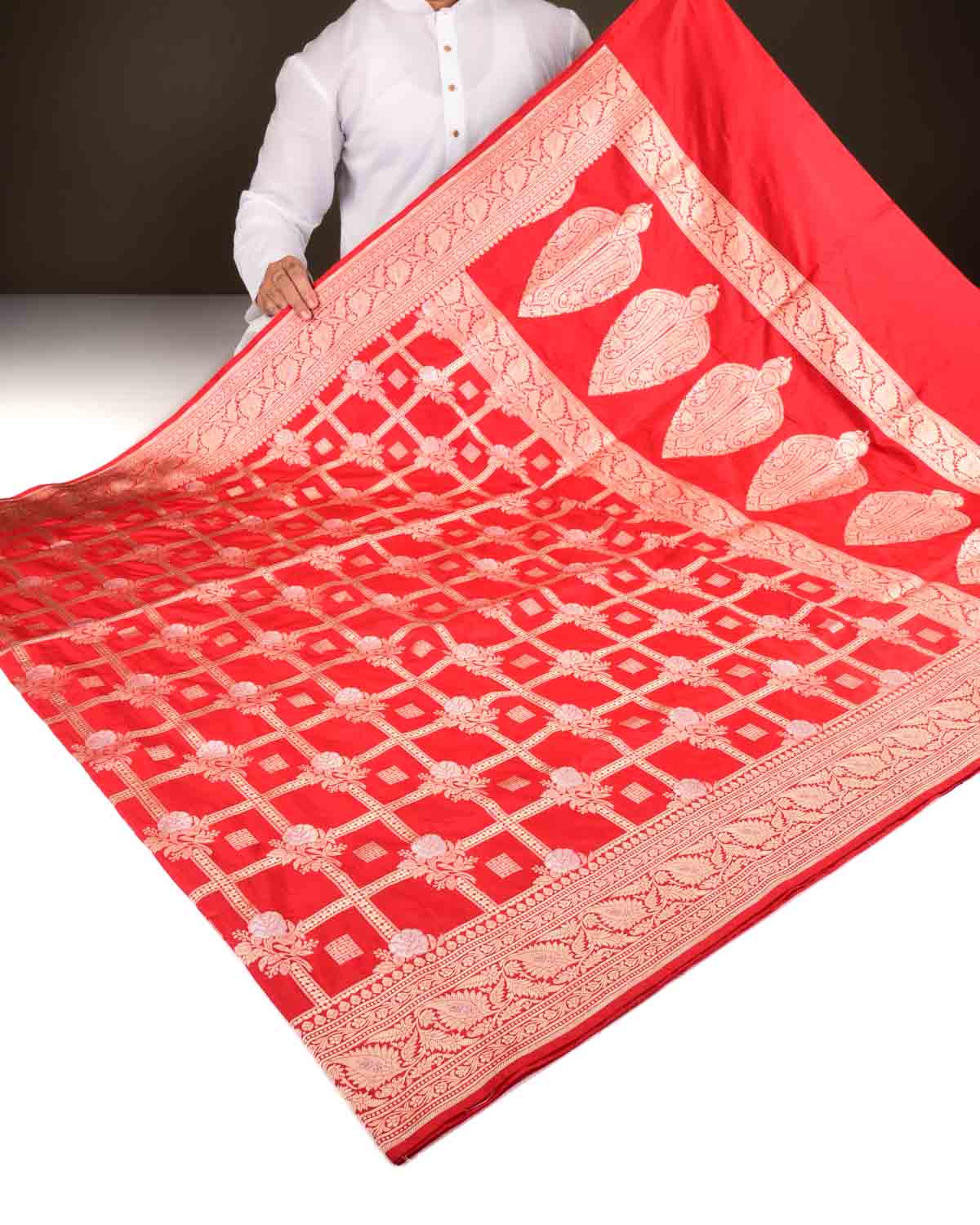 Bridal Red Banarasi Gold & Silver Zari Gulab Gharchola Cutwork Brocade Handwoven Katan Silk Saree-HolyWeaves