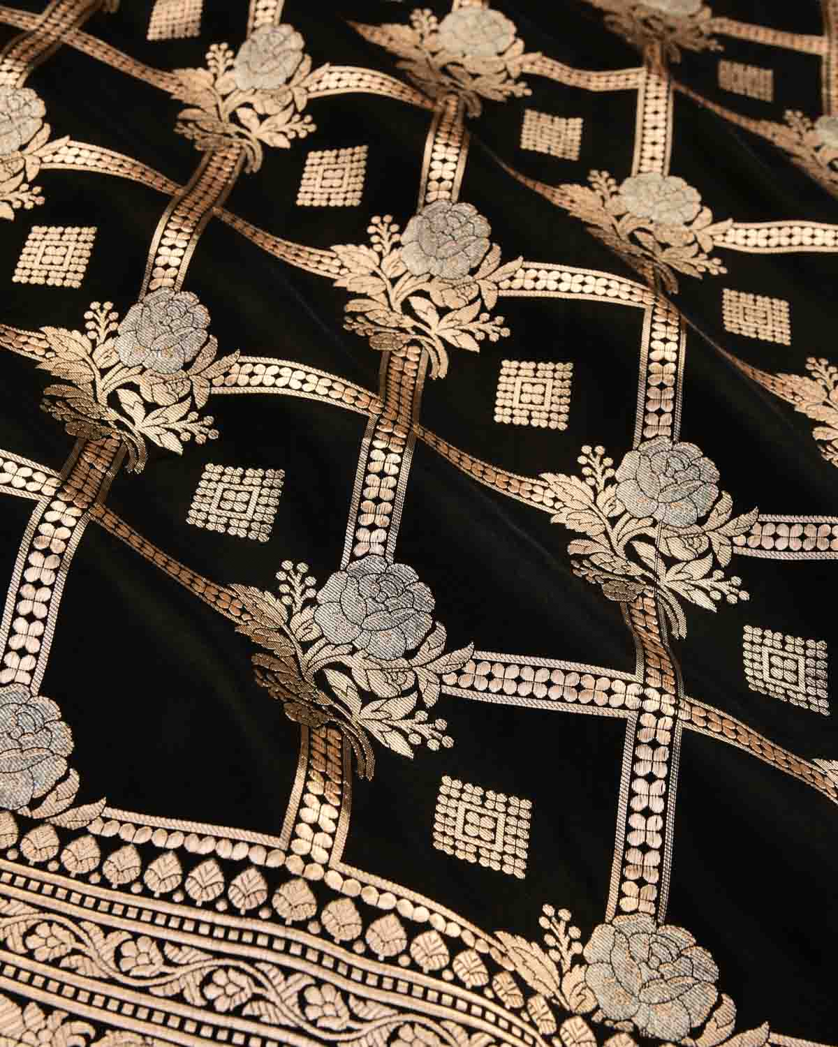 Black Banarasi Gold & Silver Zari Gulab Gharchola Cutwork Brocade Handwoven Katan Silk Saree-HolyWeaves