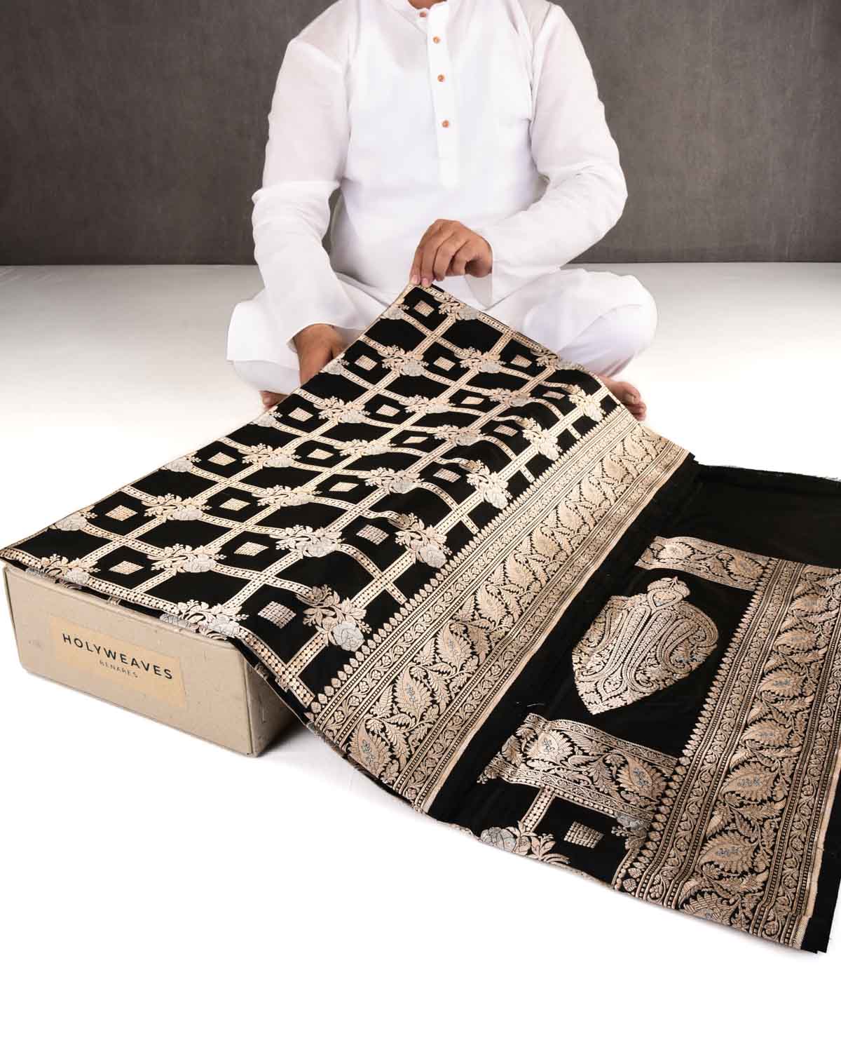 Black Banarasi Gold & Silver Zari Gulab Gharchola Cutwork Brocade Handwoven Katan Silk Saree-HolyWeaves