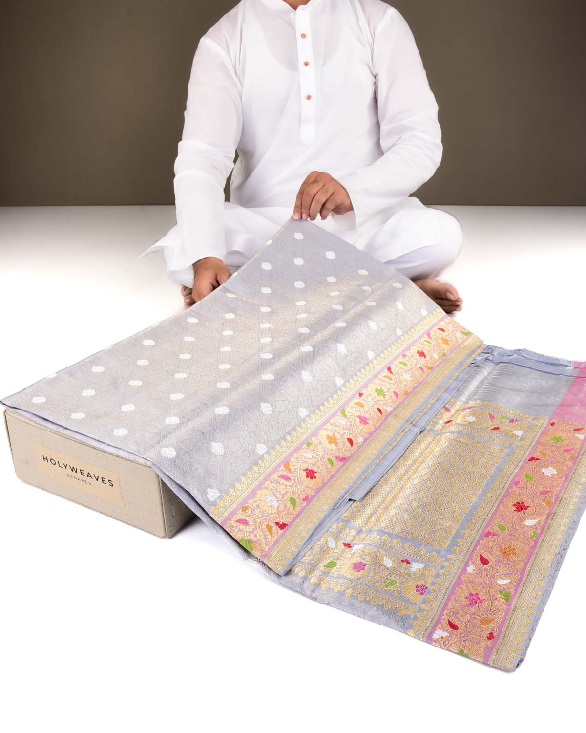 Silver Gray Banarasi Silver Zari Cutwork Brocade Handwoven Katan Silk Saree with Meenekari Border-HolyWeaves