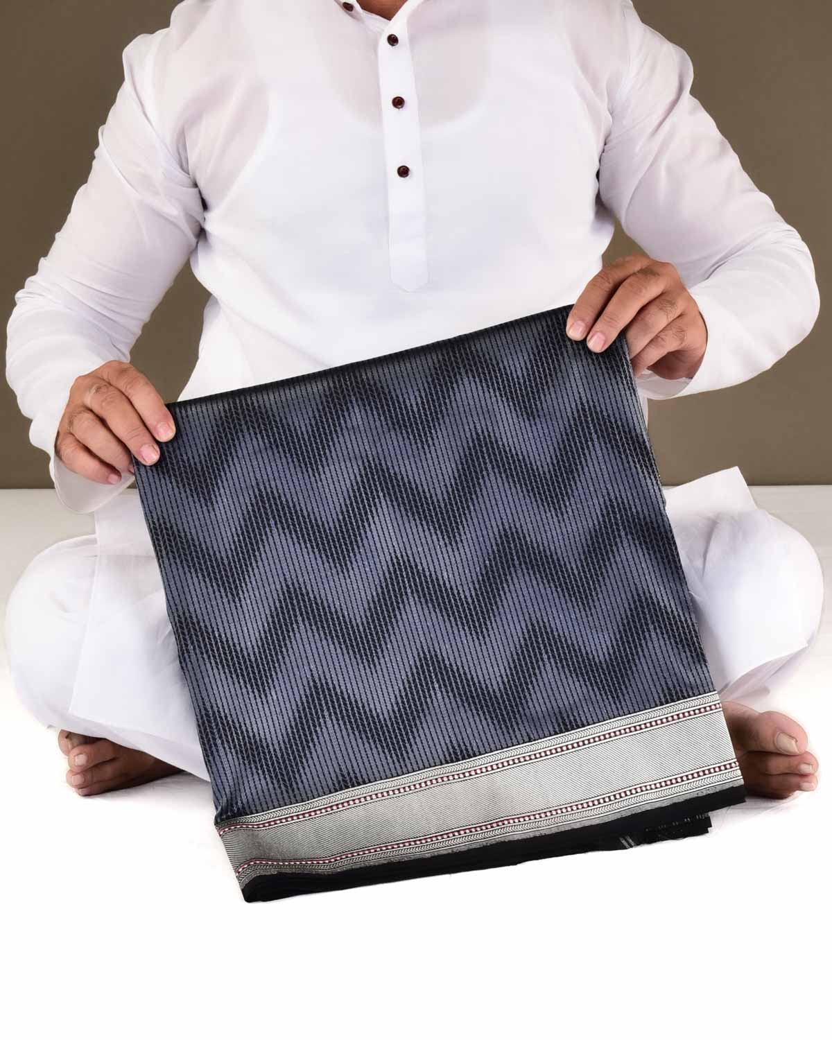 Gray Banarasi Herring Bone Chevron Tanchoi Brocade Handwoven Katan Silk Saree with Silver Border Pallu-HolyWeaves