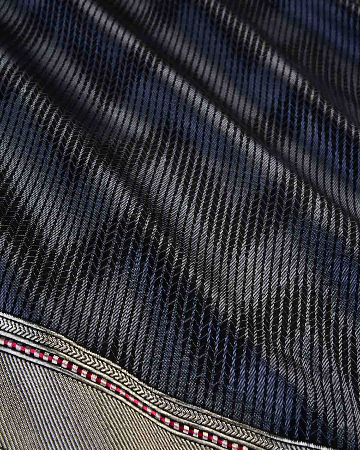 Gray Banarasi Herring Bone Chevron Tanchoi Brocade Handwoven Katan Silk Saree with Silver Border Pallu-HolyWeaves