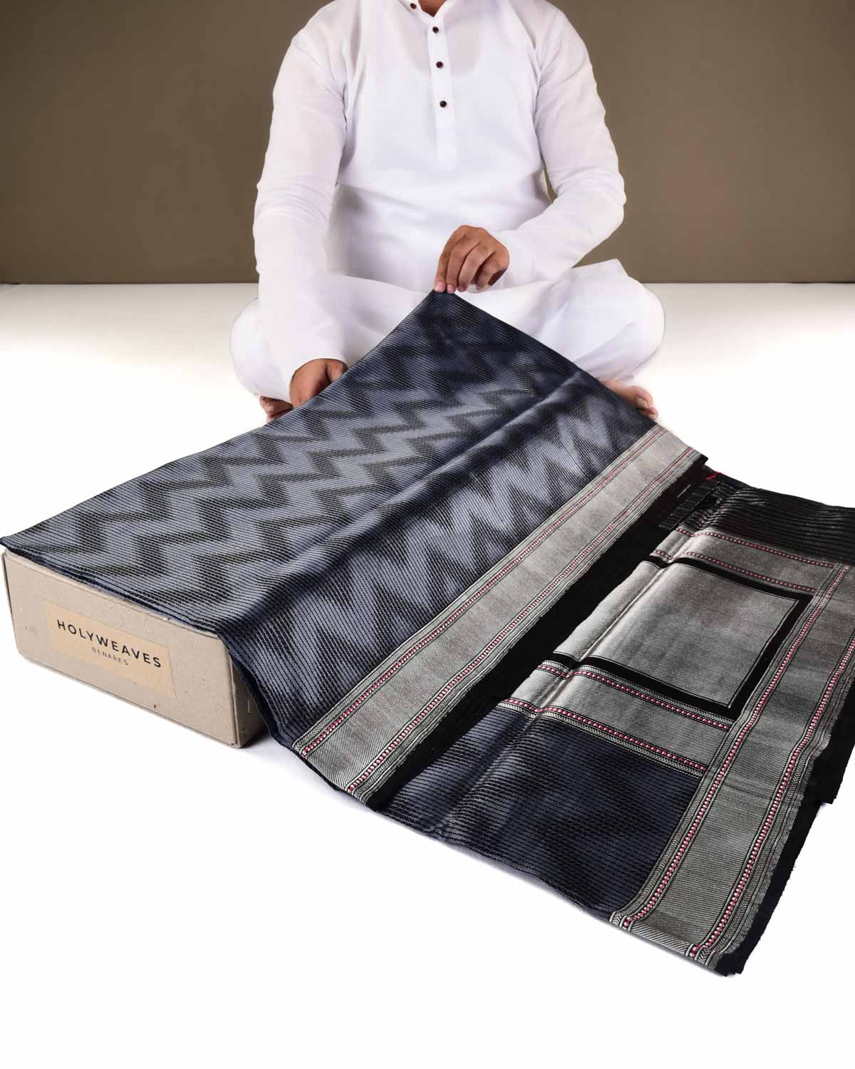 Gray Banarasi Herring Bone Chevron Tanchoi Brocade Handwoven Katan Silk Saree with Silver Border Pallu-HolyWeaves
