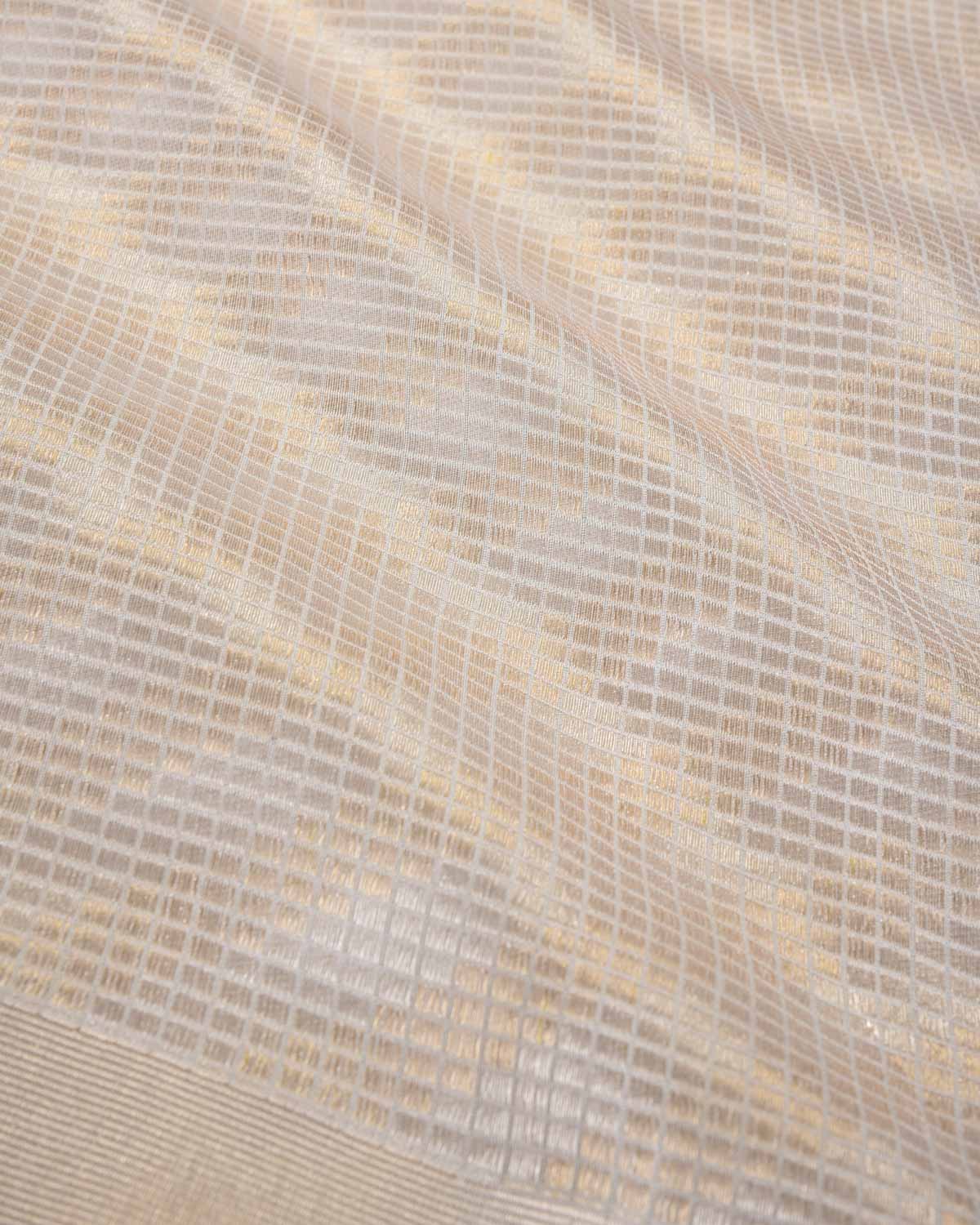 Cream Banarasi Gold & Silver Zari Chequered Grids Diagonal Stripes Brocade Handwoven Katan Silk Saree with Golden Border Pallu-HolyWeaves