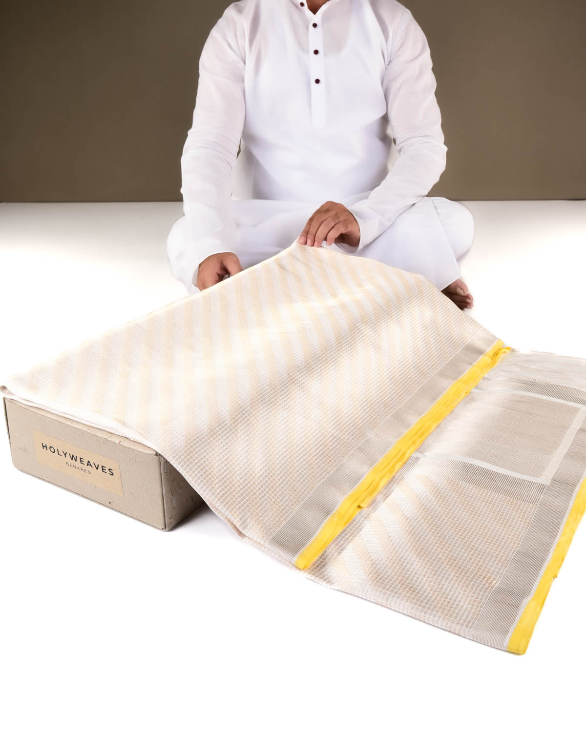 Cream Banarasi Gold & Silver Zari Chequered Grids Diagonal Stripes Brocade Handwoven Katan Silk Saree with Golden Border Pallu-HolyWeaves