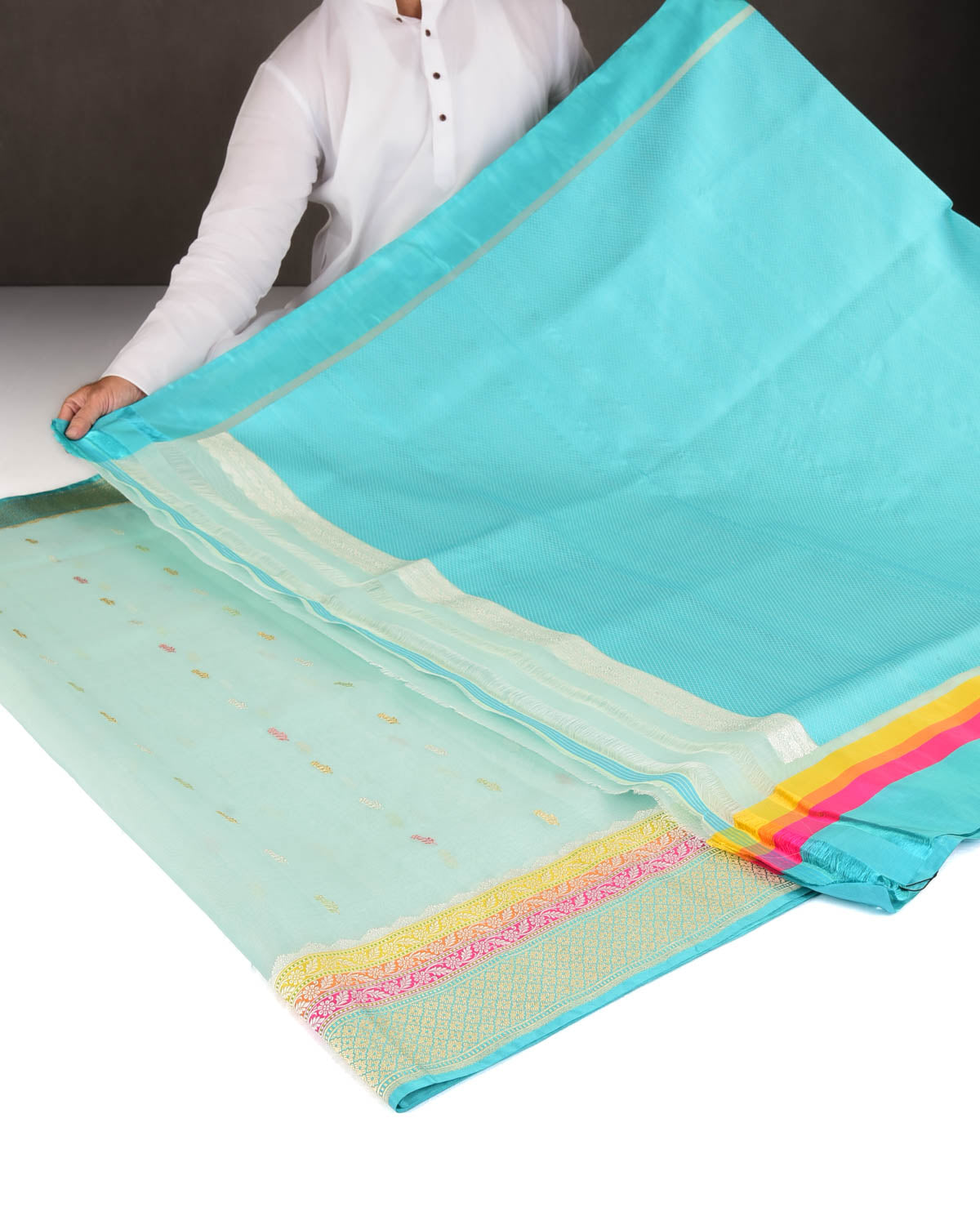Powder Aqua Marine Gold Zari & Resham Buti Kadhuan Brocade Handwoven Kora Silk Banarasi Saree