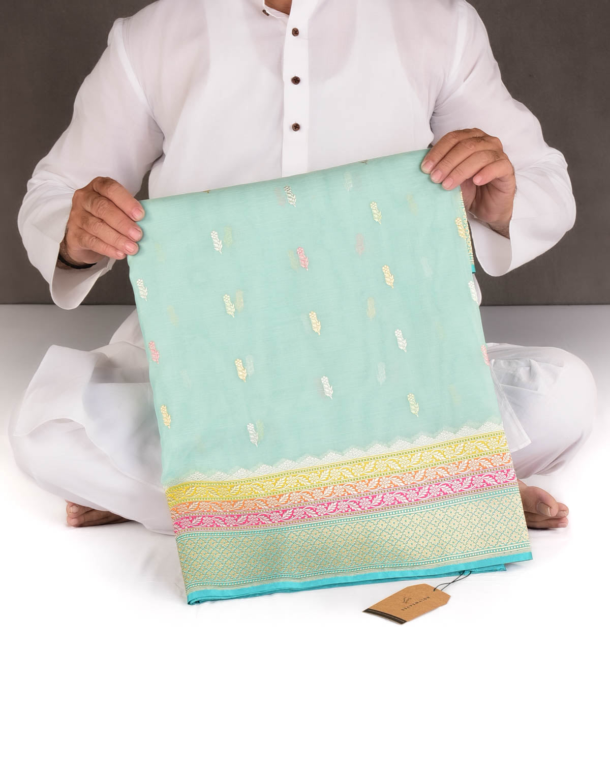 Powder Aqua Marine Gold Zari & Resham Buti Kadhuan Brocade Handwoven Kora Silk Banarasi Saree