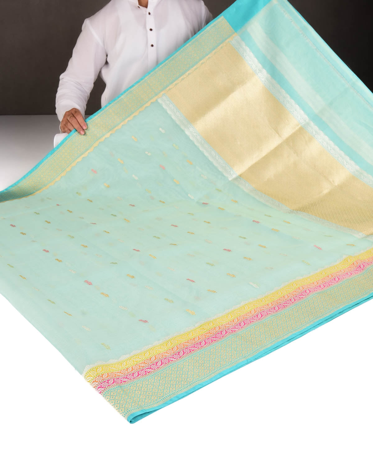 Powder Aqua Marine Gold Zari & Resham Buti Kadhuan Brocade Handwoven Kora Silk Banarasi Saree