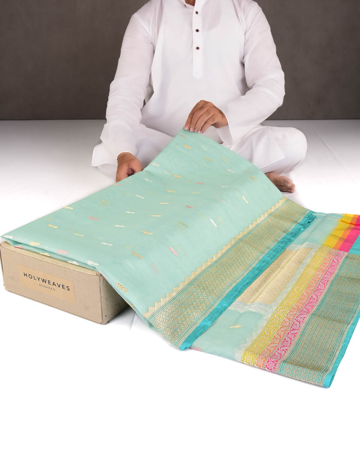 Powder Aqua Marine Gold Zari & Resham Buti Kadhuan Brocade Handwoven Kora Silk Banarasi Saree