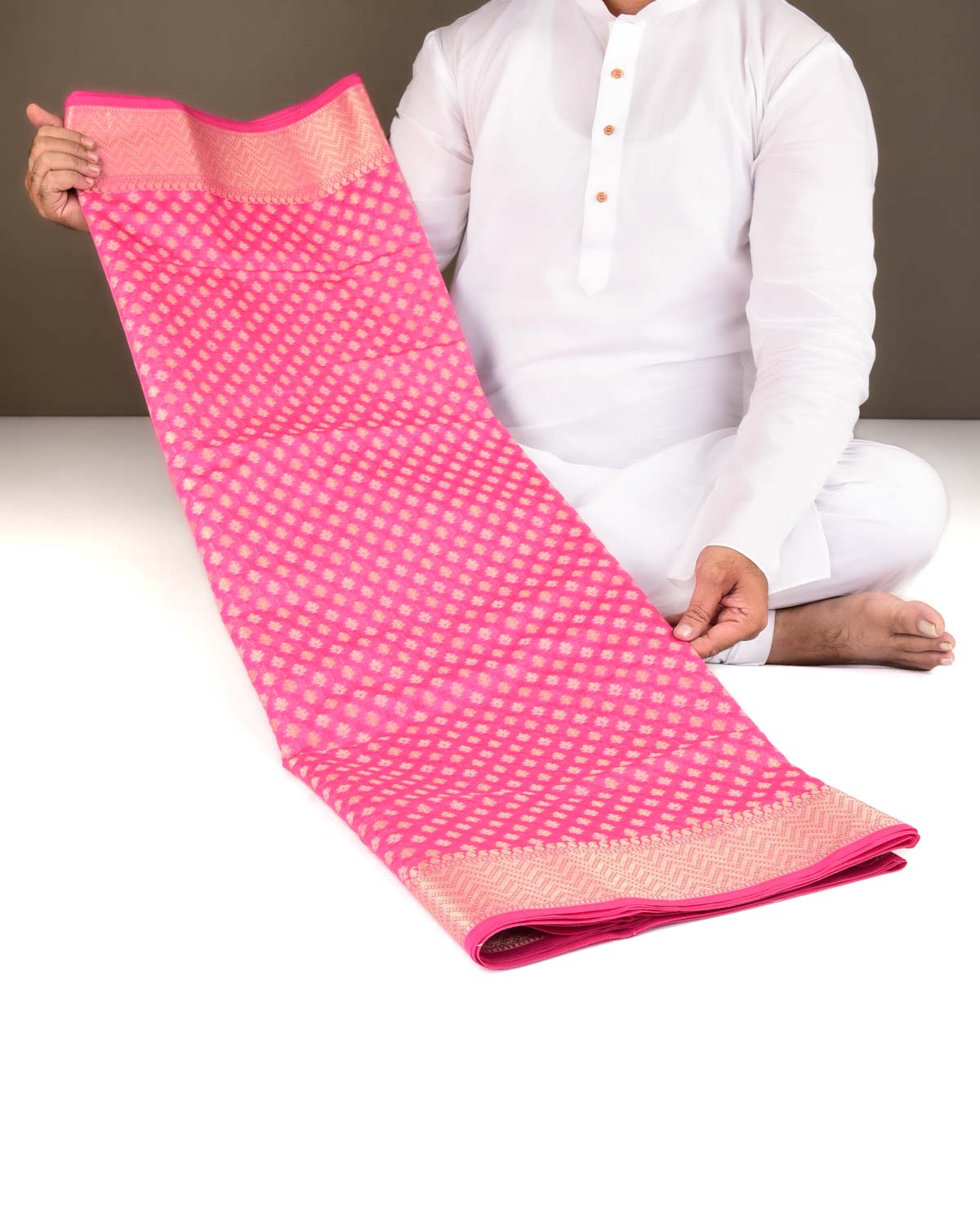 Pink Banarasi Gold Zari & Resham Buti Cutwork Brocade Woven Art Cotton Silk Saree-HolyWeaves