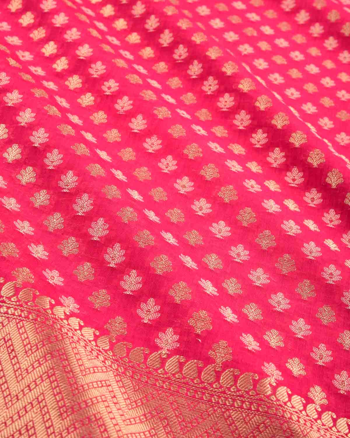 Rani Pink Banarasi Gold Zari & Resham Buti Cutwork Brocade Woven Art Cotton Silk Saree-HolyWeaves