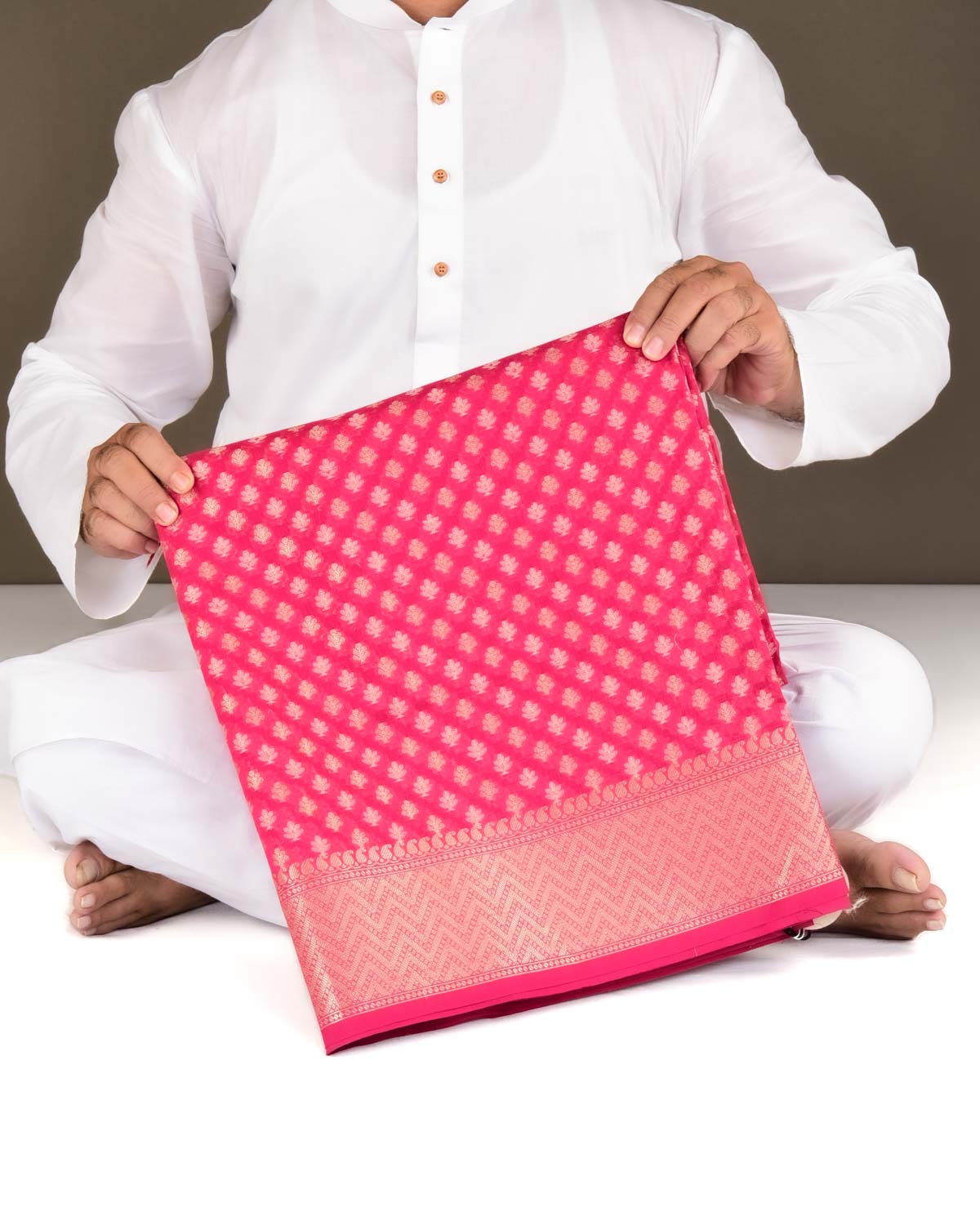 Rani Pink Banarasi Gold Zari & Resham Buti Cutwork Brocade Woven Art Cotton Silk Saree-HolyWeaves