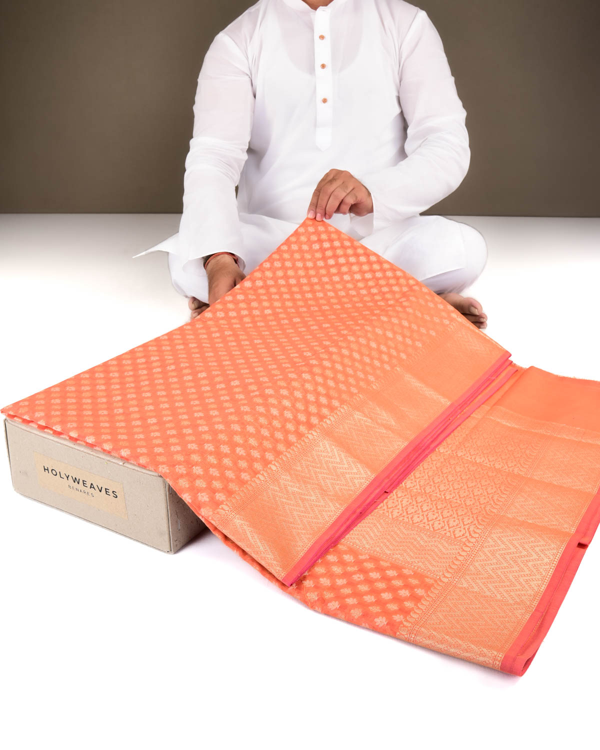 Orange Banarasi Gold Zari & Resham Buti Cutwork Brocade Woven Art Cotton Silk Saree-HolyWeaves