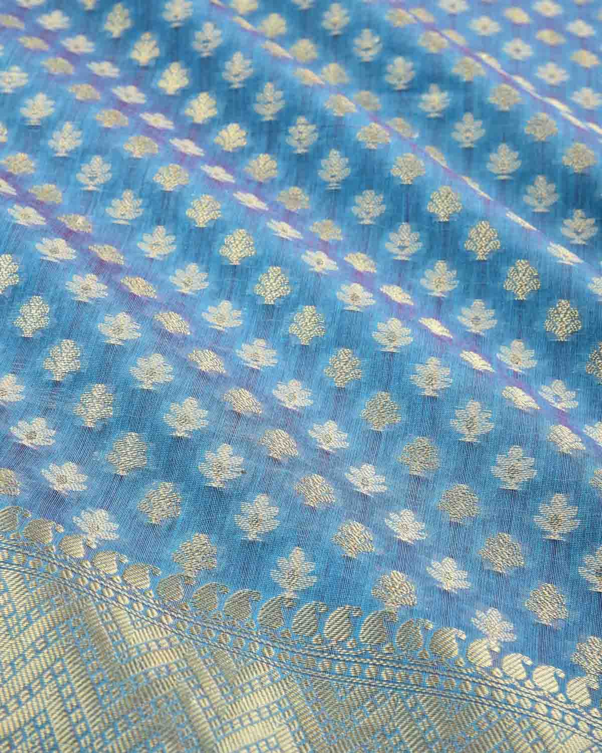 Blue Banarasi Gold Zari & Resham Buti Cutwork Brocade Woven Art Cotton Silk Saree-HolyWeaves