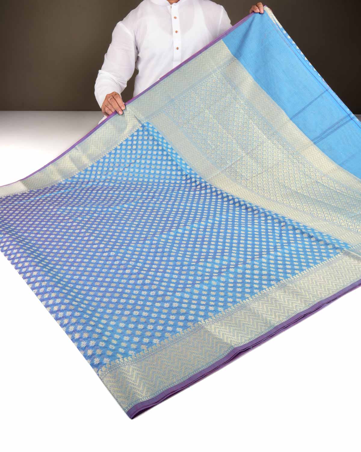 Blue Banarasi Gold Zari & Resham Buti Cutwork Brocade Woven Art Cotton Silk Saree-HolyWeaves