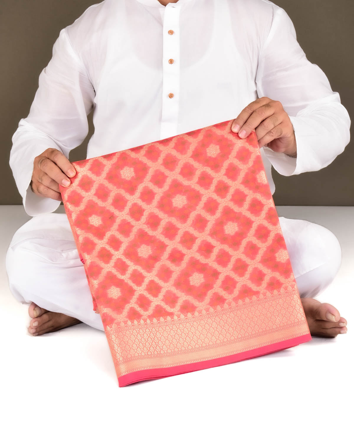 Peach Banarasi Gold Zari & Resham Meena Jaal Cutwork Brocade Woven Art Cotton Silk Saree-HolyWeaves