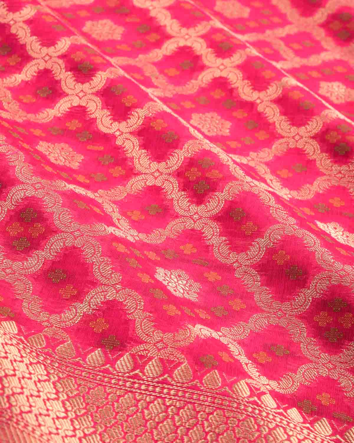 Rani Pink Banarasi Gold Zari & Resham Meena Jaal Cutwork Brocade Woven Art Cotton Silk Saree-HolyWeaves
