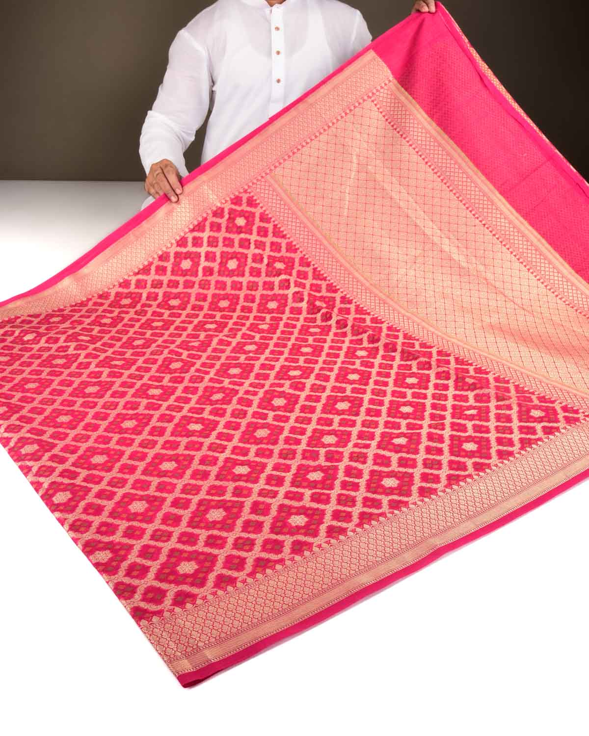 Rani Pink Banarasi Gold Zari & Resham Meena Jaal Cutwork Brocade Woven Art Cotton Silk Saree-HolyWeaves