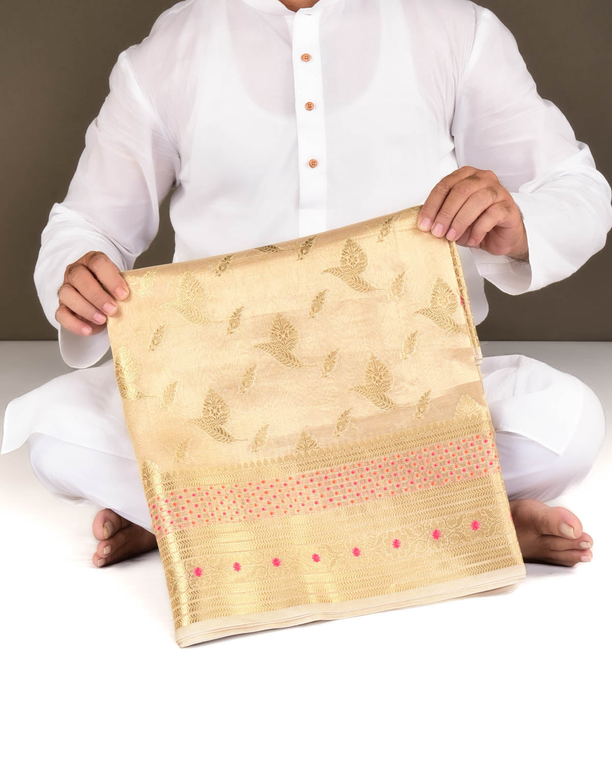 Metallic Gold Banarasi Cutwork Brocade Woven Kora Tissue Saree-HolyWeaves