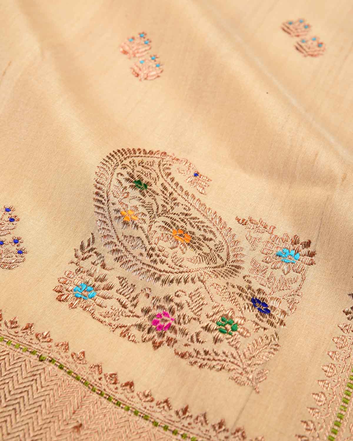Classic Beige Banarasi Gold Zari & Meena Duet Buti Kadhuan Brocade Handwoven Tasar Silk Saree with Koniya Buta-HolyWeaves