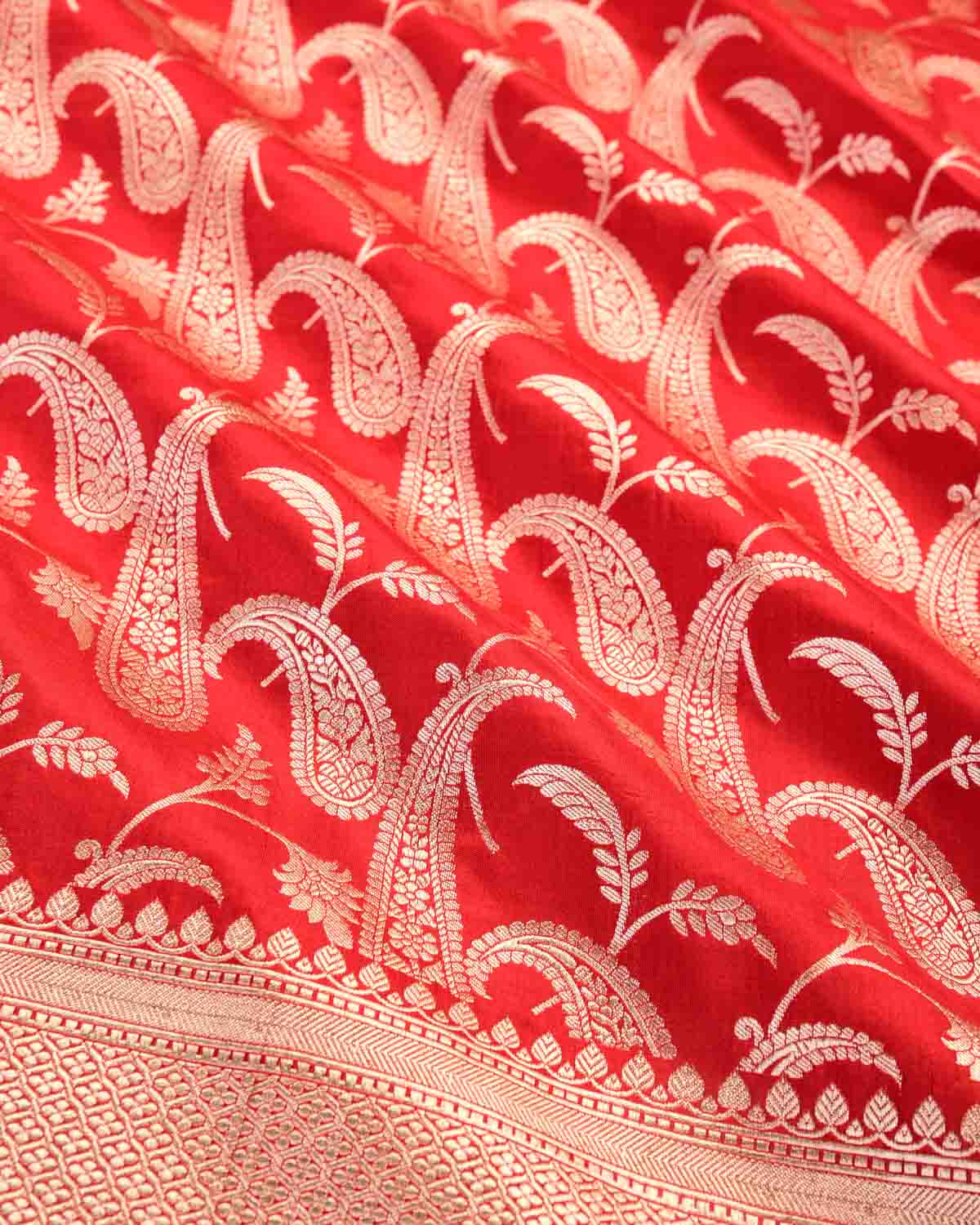 Bridal Red Banarasi Gold Zari Paisley Jaal Cutwork Brocade Handwoven Katan Silk Saree-HolyWeaves