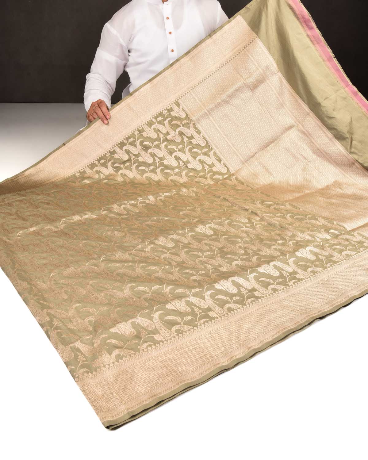 Artichoke Green Banarasi Gold Zari Paisley Jaal Cutwork Brocade Handwoven Katan Silk Saree-HolyWeaves