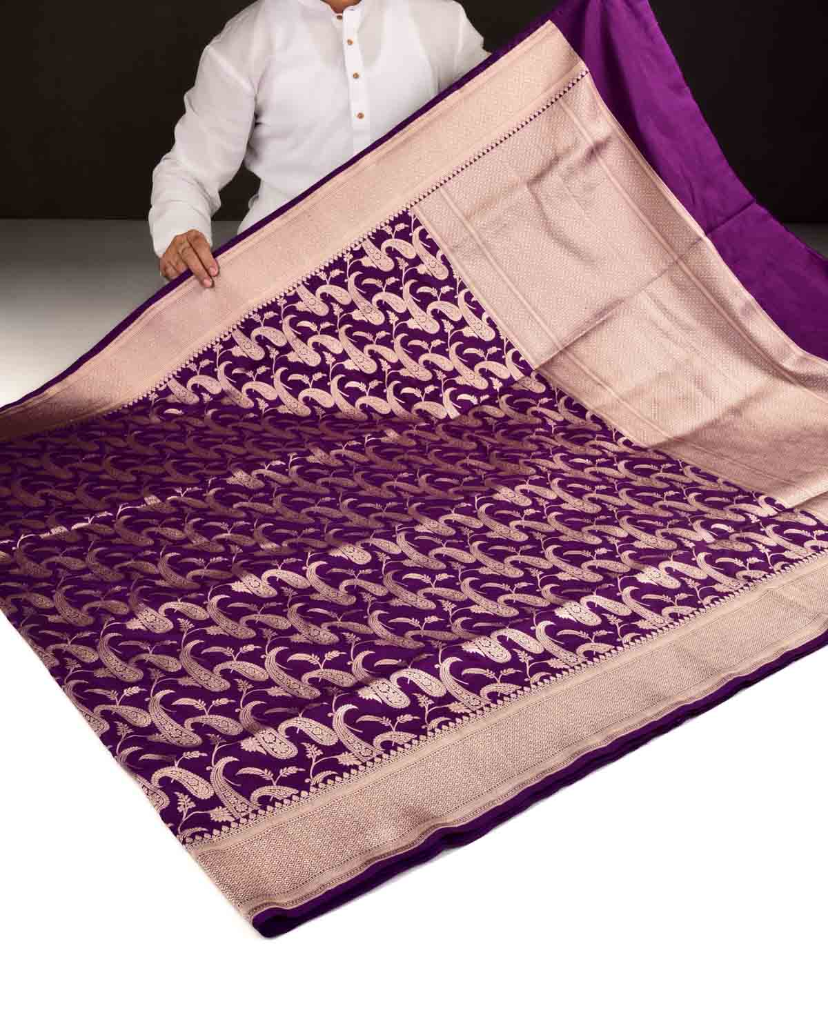 Purple Banarasi Gold Zari Paisley Jaal Cutwork Brocade Handwoven Katan Silk Saree-HolyWeaves