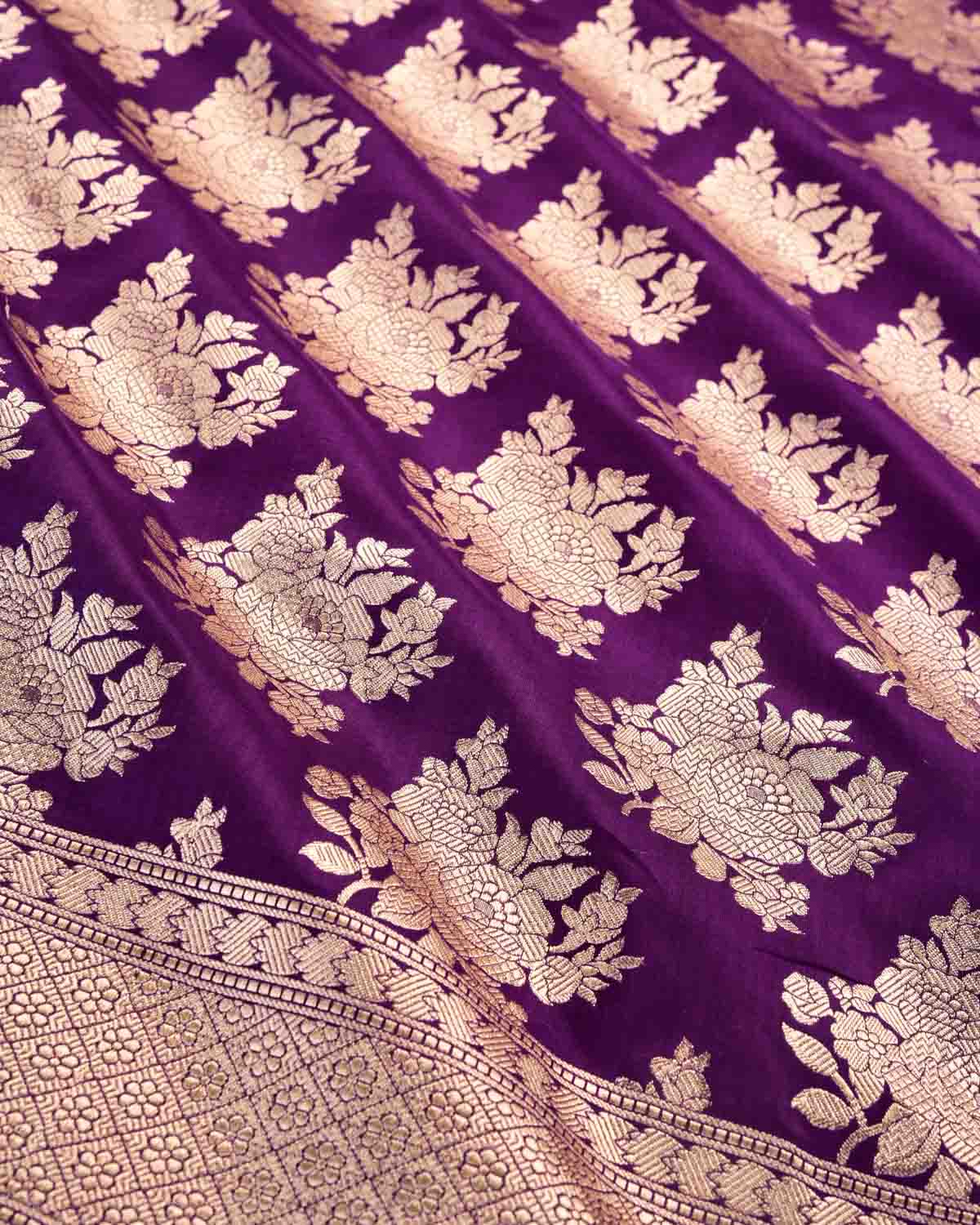 Purple Banarasi Gold Zari Gulab Buta Cutwork Brocade Handwoven Katan Silk Saree-HolyWeaves