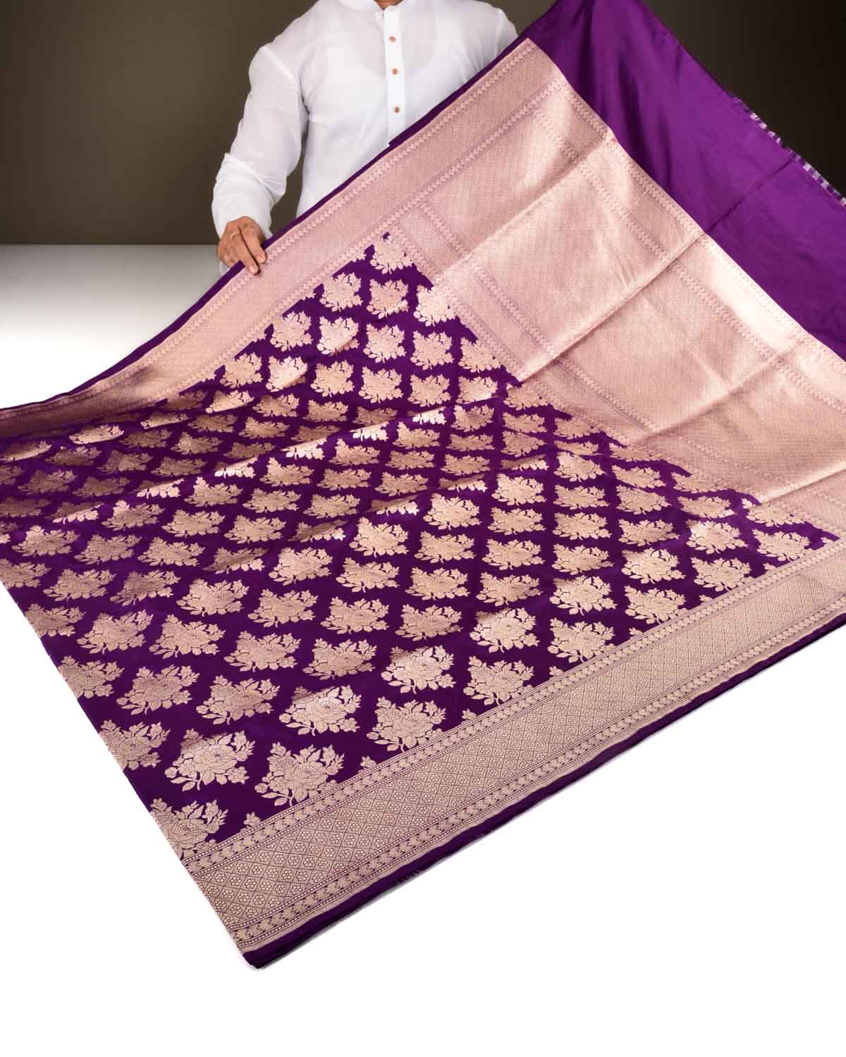 Purple Banarasi Gold Zari Gulab Buta Cutwork Brocade Handwoven Katan Silk Saree-HolyWeaves