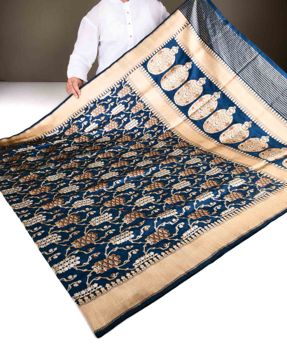 Teal Blue Banarasi Gold Silver & Antique Zari Jaal Cutwork Brocade Handwoven Katan Silk Saree-HolyWeaves