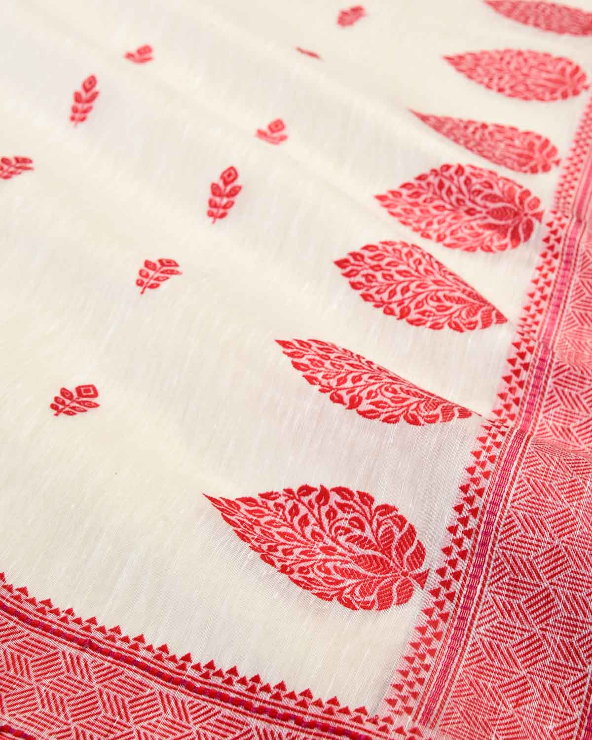 Red & White Banarasi Morpankh Buti Kadhuan Brocade Handwoven Linen Silk Saree-HolyWeaves