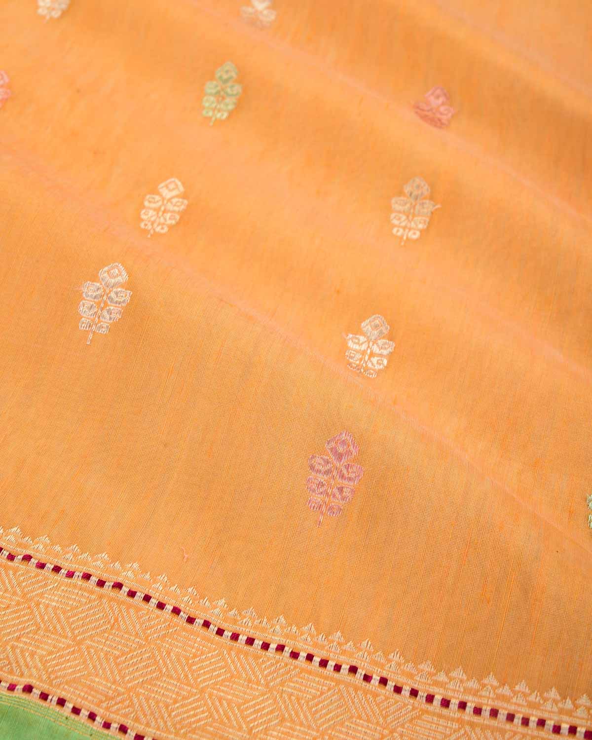 Orange Banarasi Morpankh Buti Kadhuan Brocade Handwoven Linen Silk Saree with Contrast Green Selvage-HolyWeaves