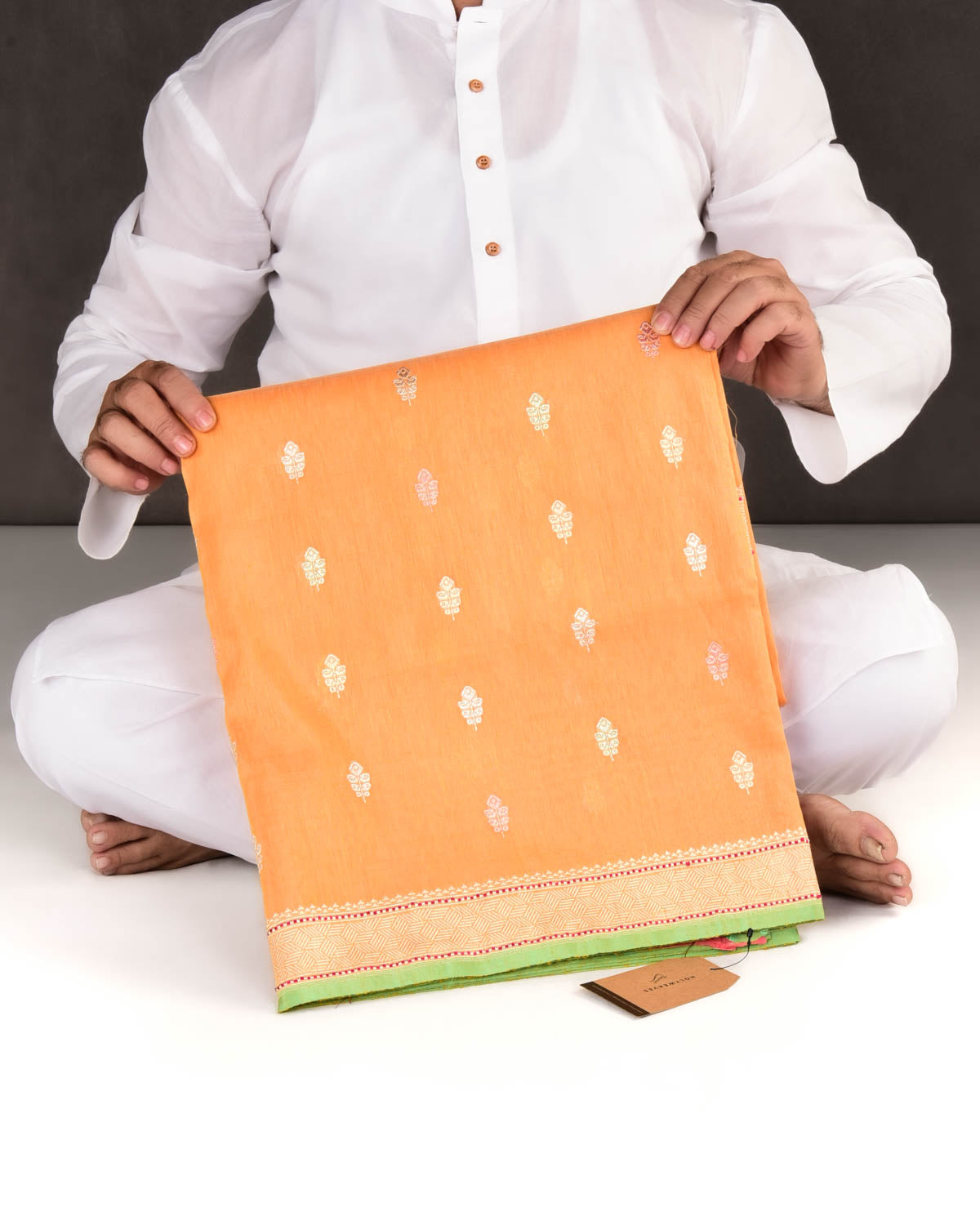 Orange Banarasi Morpankh Buti Kadhuan Brocade Handwoven Linen Silk Saree with Contrast Green Selvage-HolyWeaves