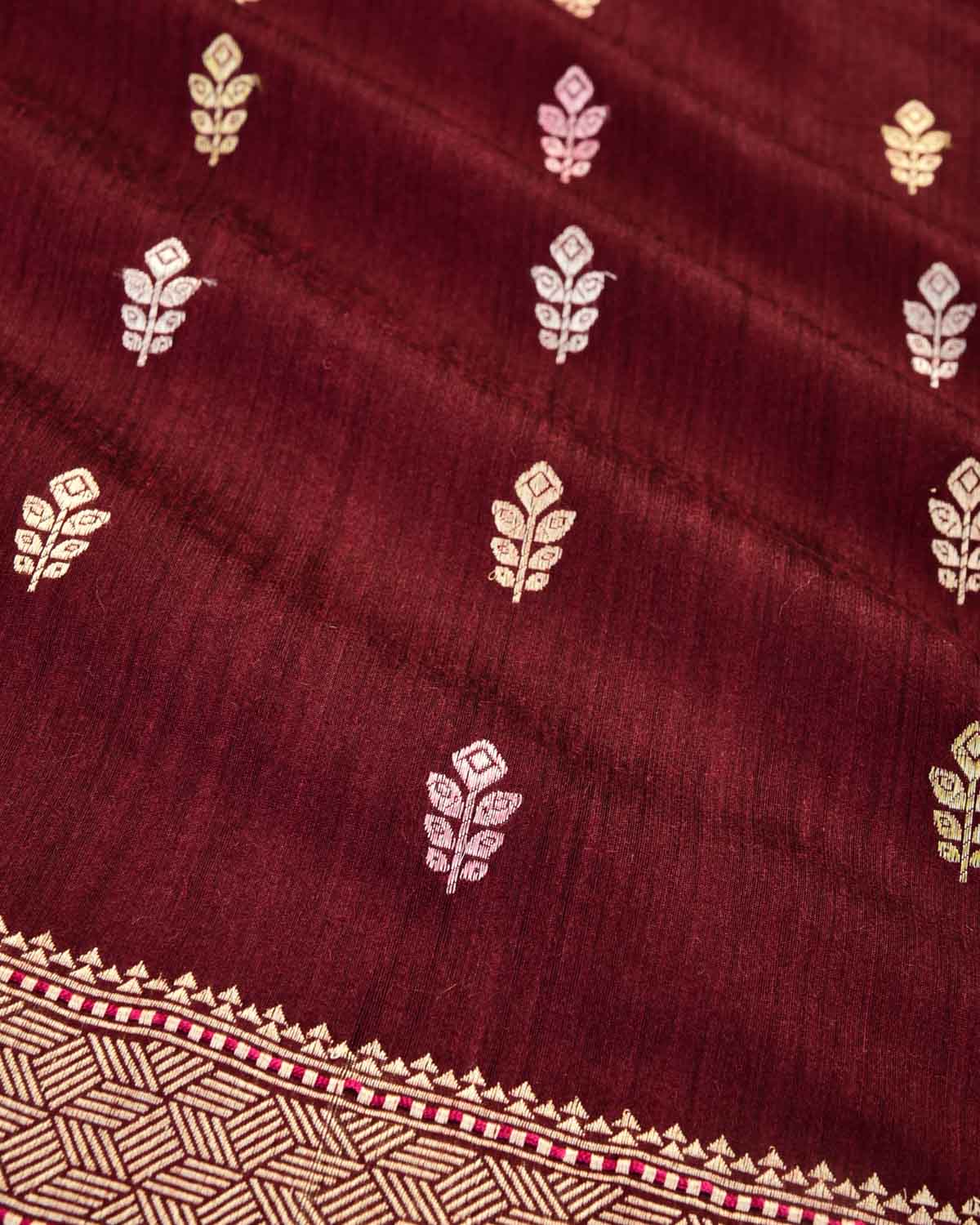 Mahogany Banarasi Gold & Silver Colored Zari Buti Kadhuan Brocade Handwoven Muga Silk Saree-HolyWeaves