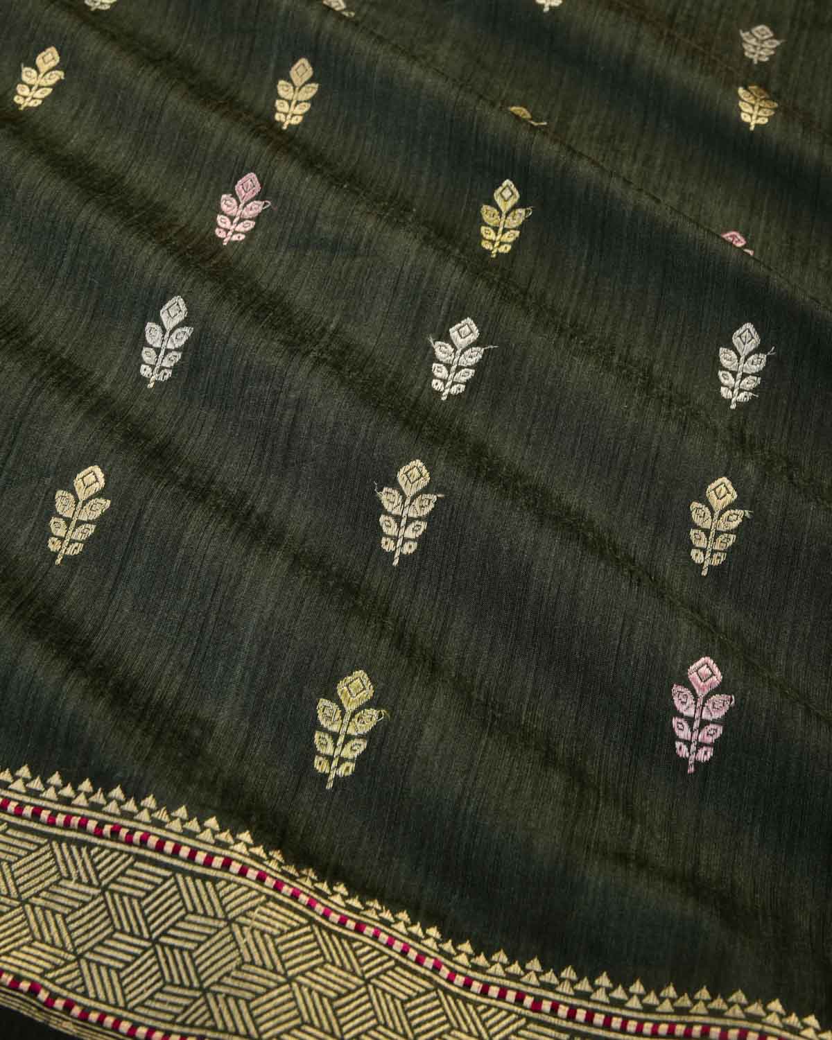 Gray Green Banarasi Gold & Silver Colored Zari Buti Kadhuan Brocade Handwoven Muga Silk Saree-HolyWeaves