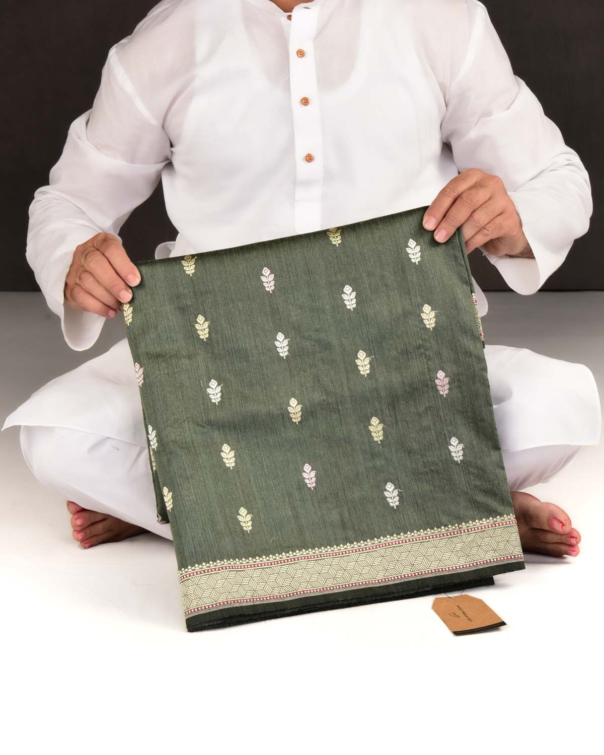Gray Green Banarasi Gold & Silver Colored Zari Buti Kadhuan Brocade Handwoven Muga Silk Saree-HolyWeaves