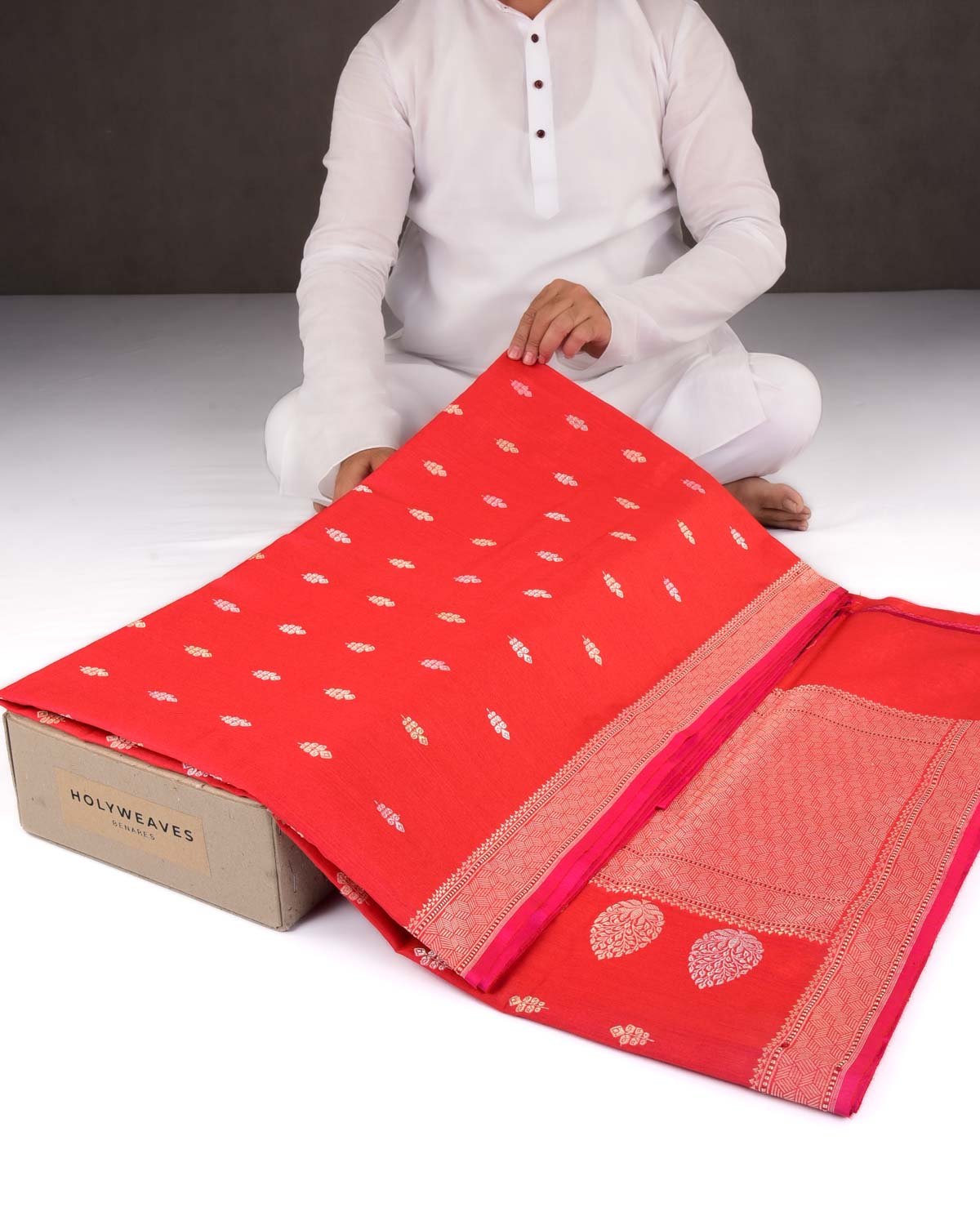 Shot Red-Pink Banarasi Gold & Silver Colored Zari Buti Kadhuan Brocade Handwoven Muga Silk Saree-HolyWeaves