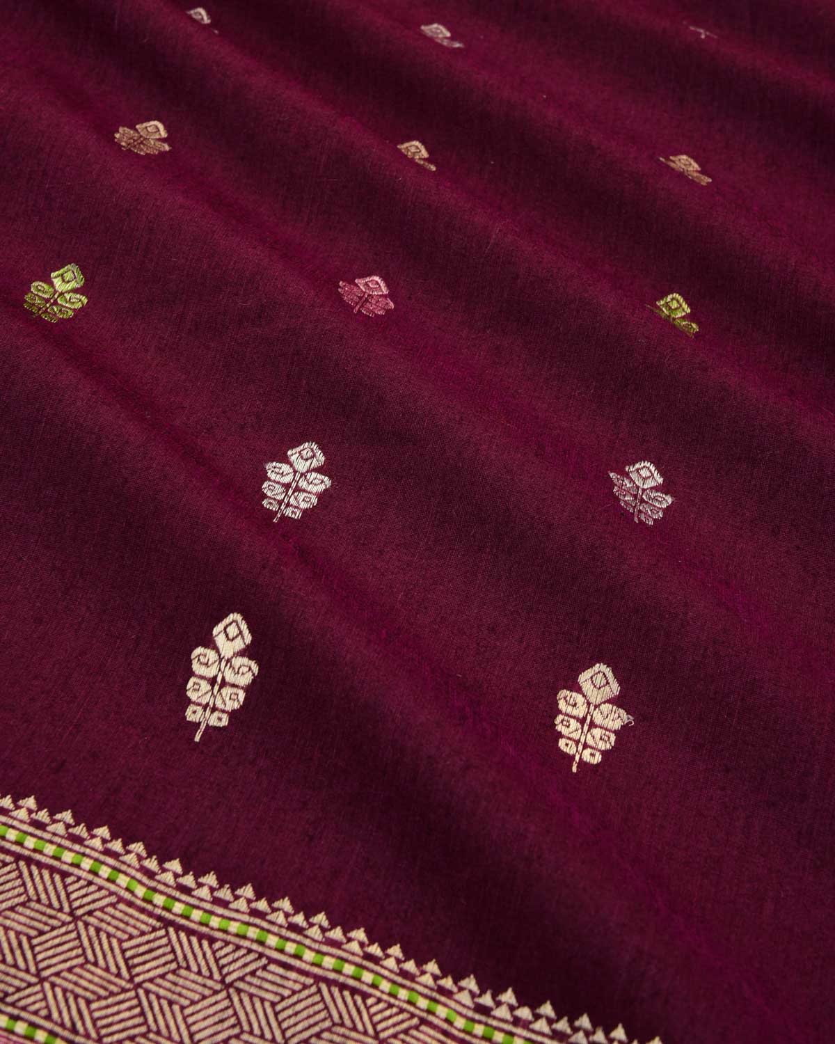 Textured Burgundy Banarasi Gold & Silver Colored Zari Morpankh Buti Kadhuan Brocade Handwoven Muga Silk Saree-HolyWeaves