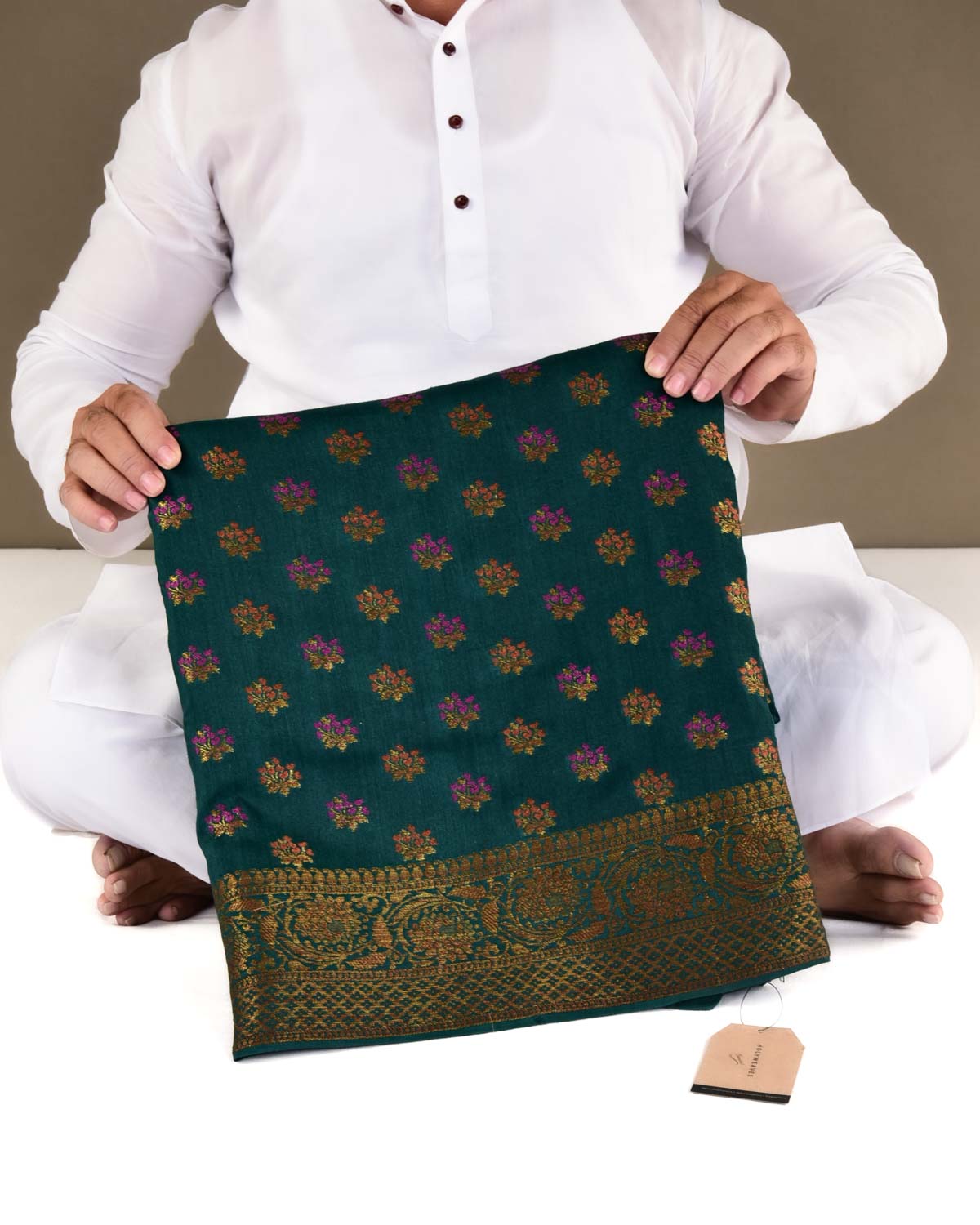Sacramento Green Banarasi Antique Zari and Meena Buti Cutwork Brocade Woven Muga Silk Saree-HolyWeaves